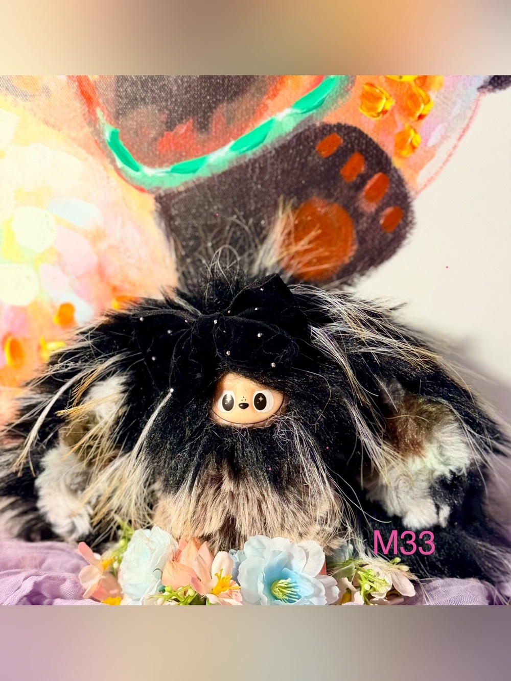 Plush Furry Monster Doll with Bow - Black & Gray